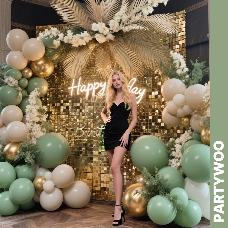 PartyWoo Sage Green Balloons 65pcs 12 Inch Metallic Gold Sand White Light Brown Gold Confetti Balloons for Baby Shower Wedding Engagement Jungle Woodland Forest Birthday Party Decorations