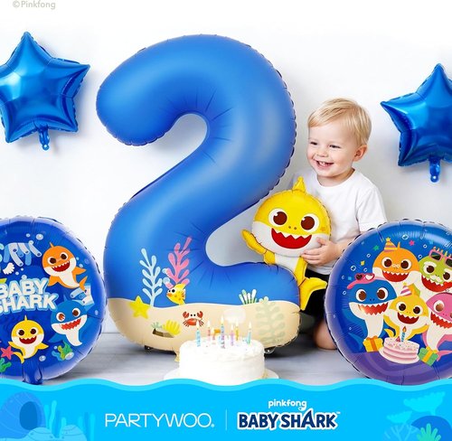 **PartyWoo Baby Shark Number 2 Balloon Set - 5pcs 18-Inch Blue Mylar Helium Balloons for Kids' Birthday**