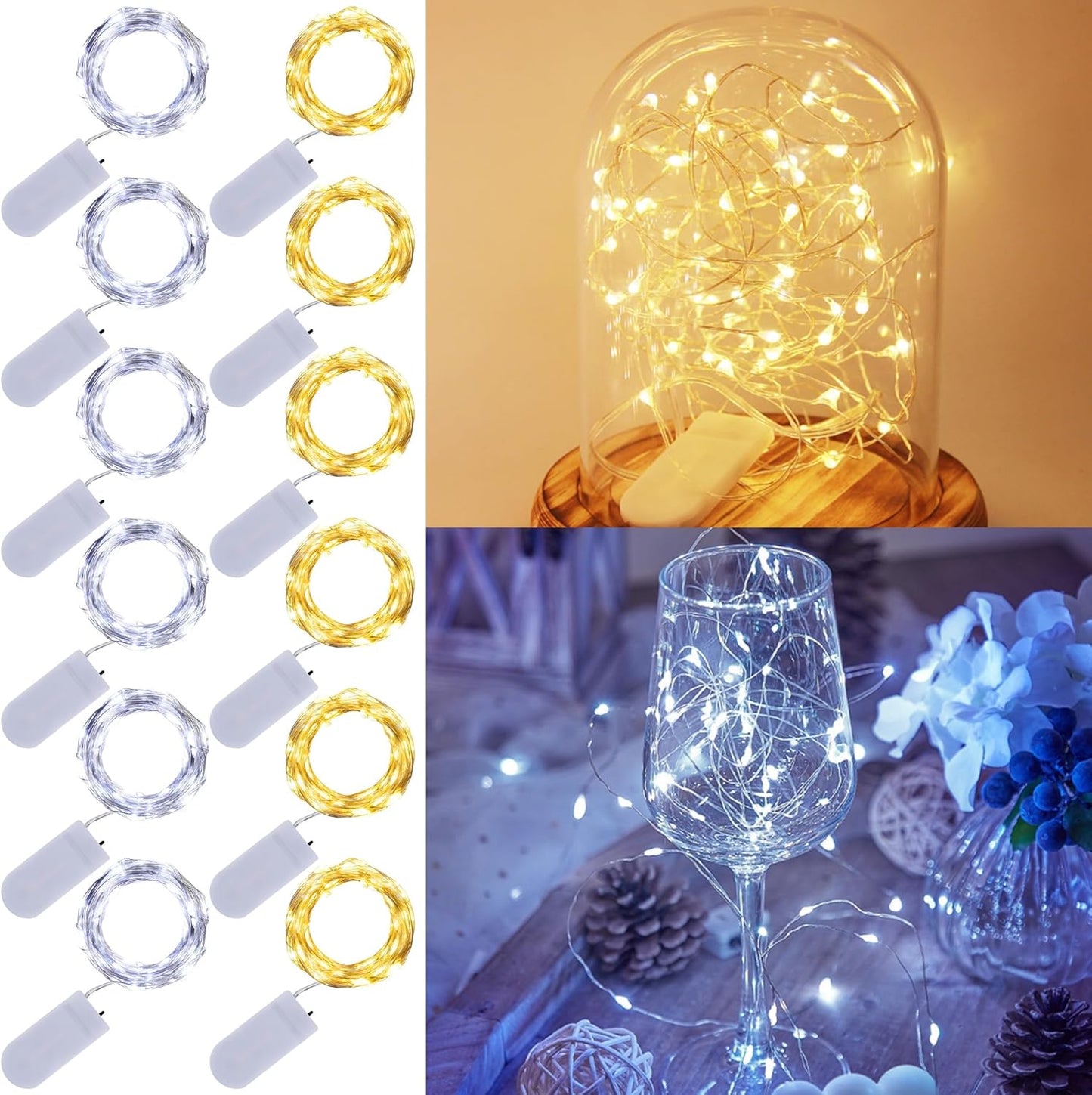 WATERGLIDE 12 Pack Mini String Lights - 20 LED Waterproof Fairy Lights for DIY Wedding & Party Decor | 7 ft Silver Wire, Warm White & White