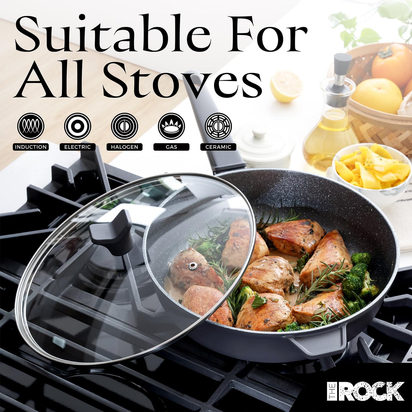 THE ROCK SOHO 4 Qt Nonstick Deep Frying Pan Skillet with Glass Lid, 11 Inch Large Deep Frying Pan, Non Stick Saute Pan – Stay-cool Handle, Induction Compatible, Oven & Dishwasher Safe, Black