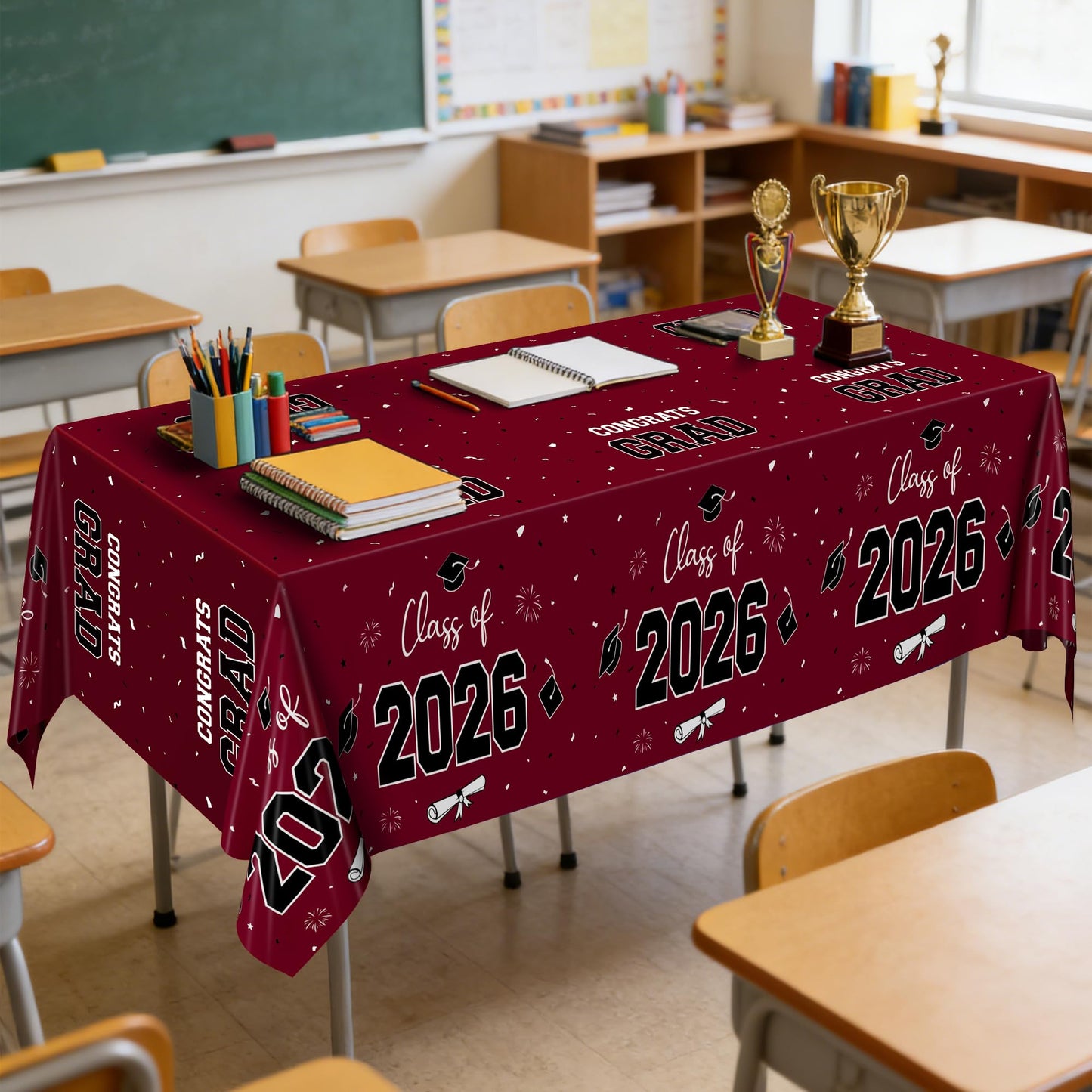 QZYL 4 Pack Graduation Table Decorations 2026, 54" x 108" Maroon Graduation Table Cloths, Disposable Grad Party Decorations for Class of 2026 Congrats Grad, Rectangle Plastic Tablecloth for College