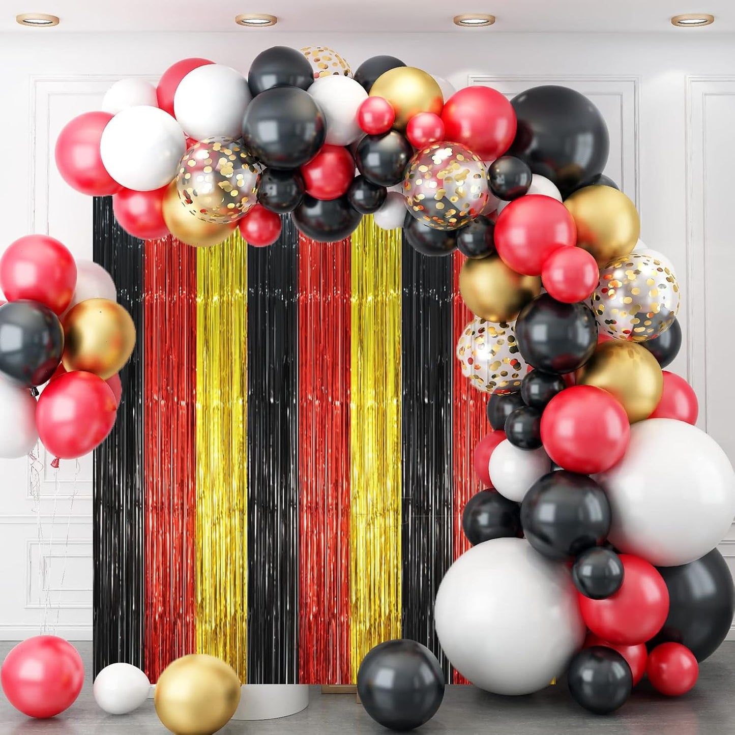 Voircoloria Red Black Gold Foil Fringe Backdrop Curtains - 3 Pack Tinsel Streamers for Parties | 3.3 x 8.2 ft