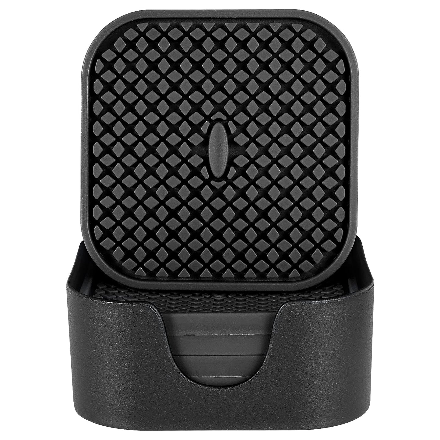 ME.FAN Silicone Coasters with Holder [6 Pack] Square Drink Cup Mat - Non-Slip, Non-stick, Stay Put, Deep Tray - Prevents Furniture and Tabletop Damages Black