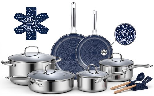 Ammeloo Hybrid Stainless Steel Cookware Set, 17-Piece Tri-Ply Pots and Pans Set Non Stick, Induction Kitchen Cookware Sets, Dishwasher & Oven Safe, PFOA Free, All Cooktops Compatible, Navy Blue