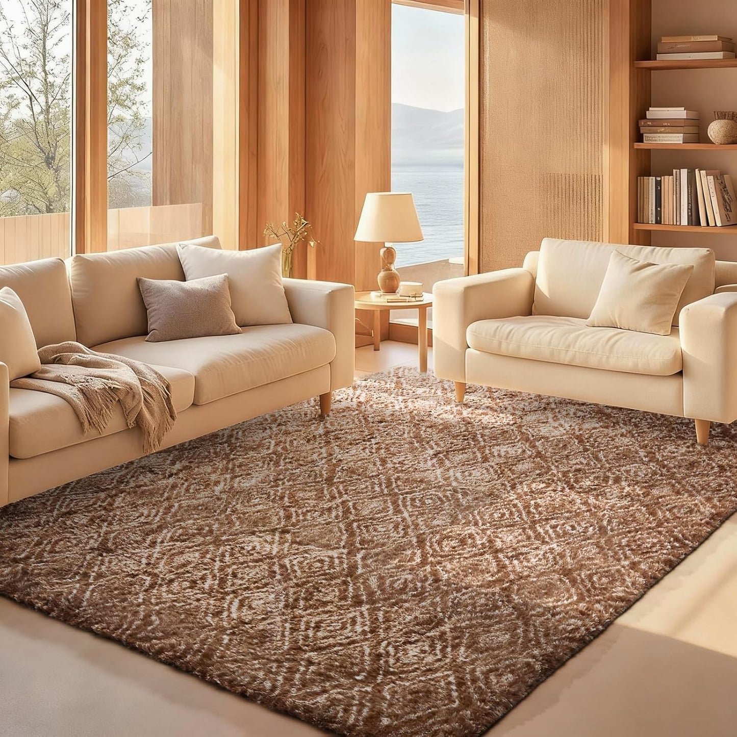 Ophanie Brown & White Diamond Striped Area Rug - Fluffy Shag 6x9 Soft Carpet for Living Room & Bedroom Decor