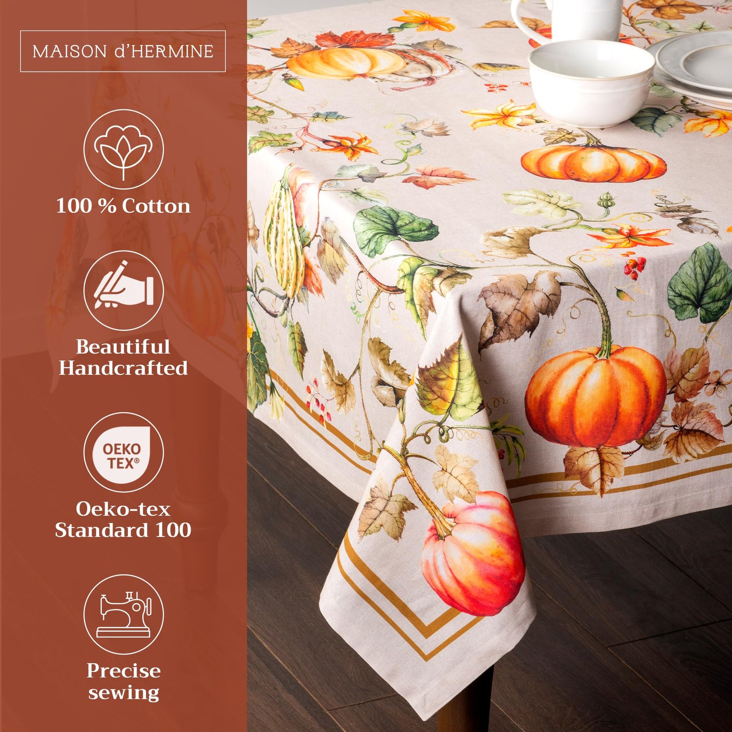 Maison d' Hermine Table Cloth Square Table 100% Cotton 54 x 54 Inches Fall Tablecloth Reusable Everyday Use for Thanksgiving Christmas Decorations Dining Farmhouse Party (Potiron)