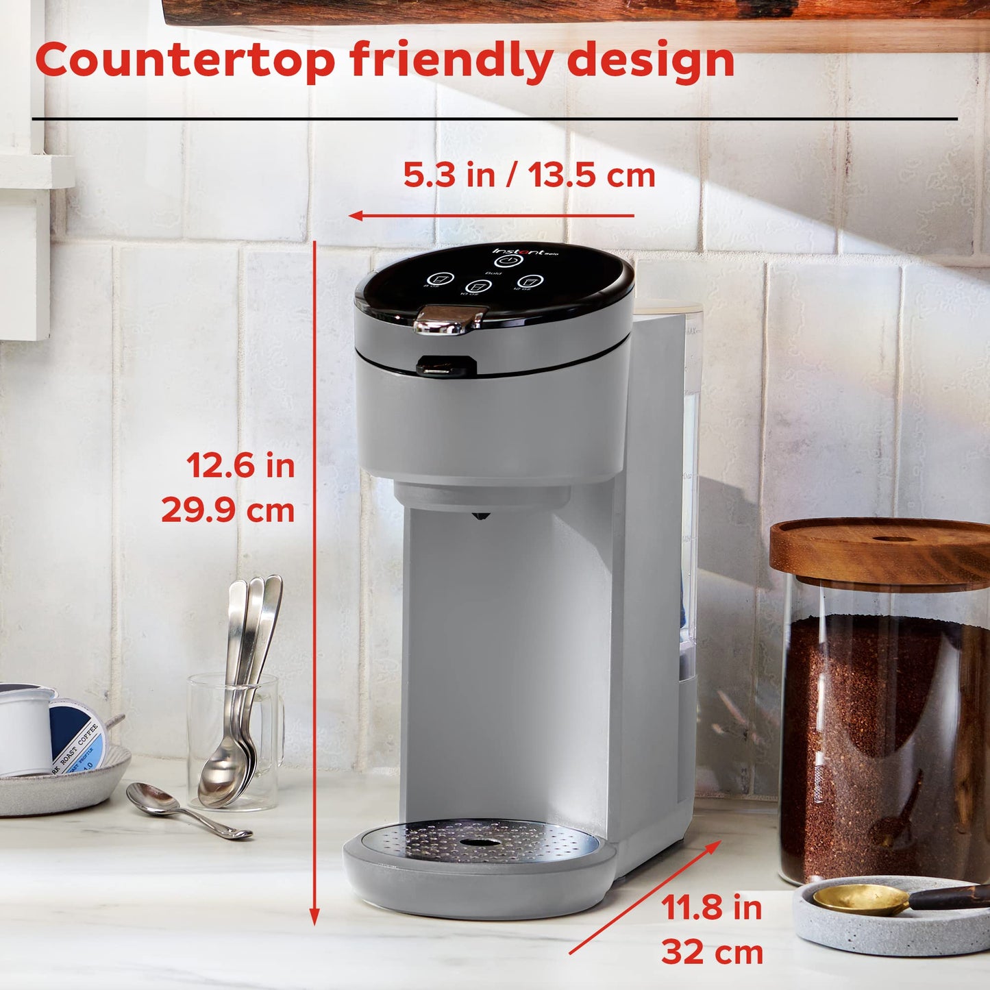 Instant Pot Single Serve K-Cup Pod Compatible Coffee Maker with Reusable Pod & Bold Setting, 8-12oz, 40oz Reservoir, Grey