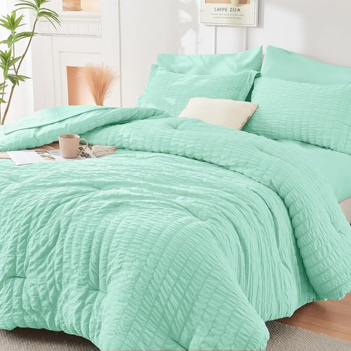 HYMOKEGE Twin Comforter Set - Mint Green Seersucker 5-Piece Luxury Bedding Set | All-Season Comforter, Sheets & Pillowcase