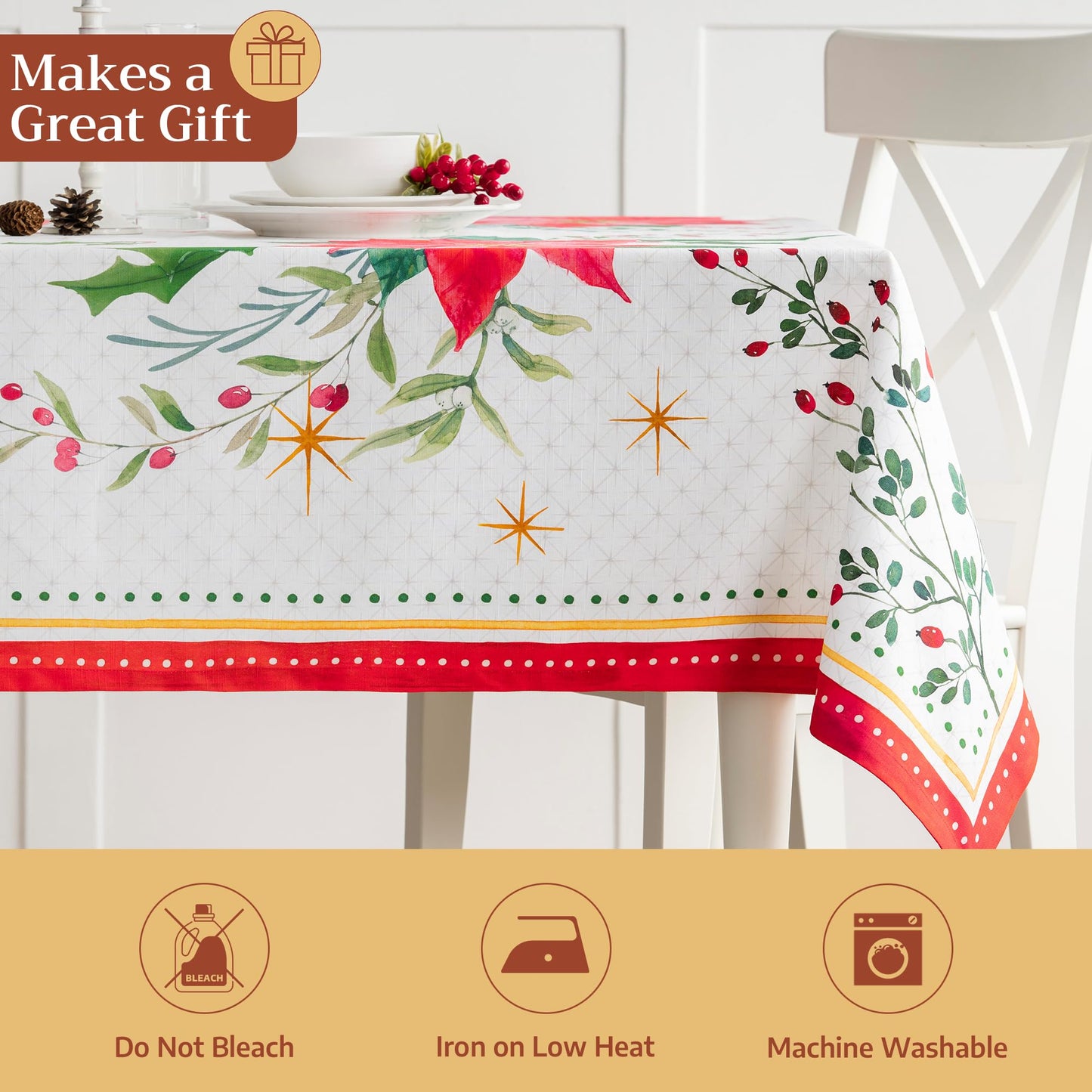 Maison d' Hermine Table Cloth Rectangle Table 100% Cotton 70 x 90 Inches Fall Tablecloth Reusable Everyday Use for Thanksgiving Christmas Decorations Dining Farmhouse Party (Poinsettia Christmas)
