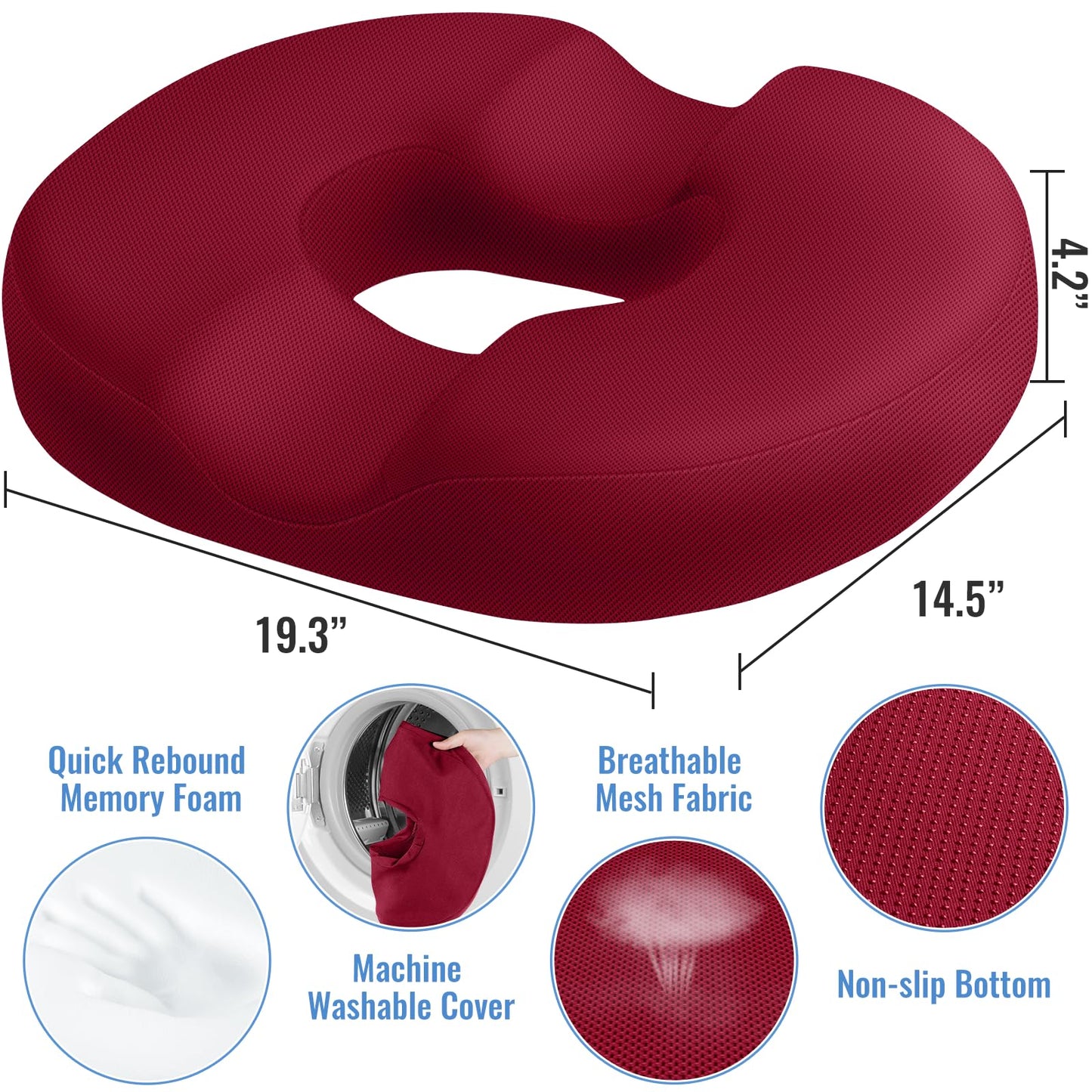 CloudBliss Donut Pillow Seat Cushion Chair Pad for Tailbone Pain Relief and Hemorrhoids, Memory Foam Seat Chair Cushion for Men and Women for Home & Office, (Red-2XL)