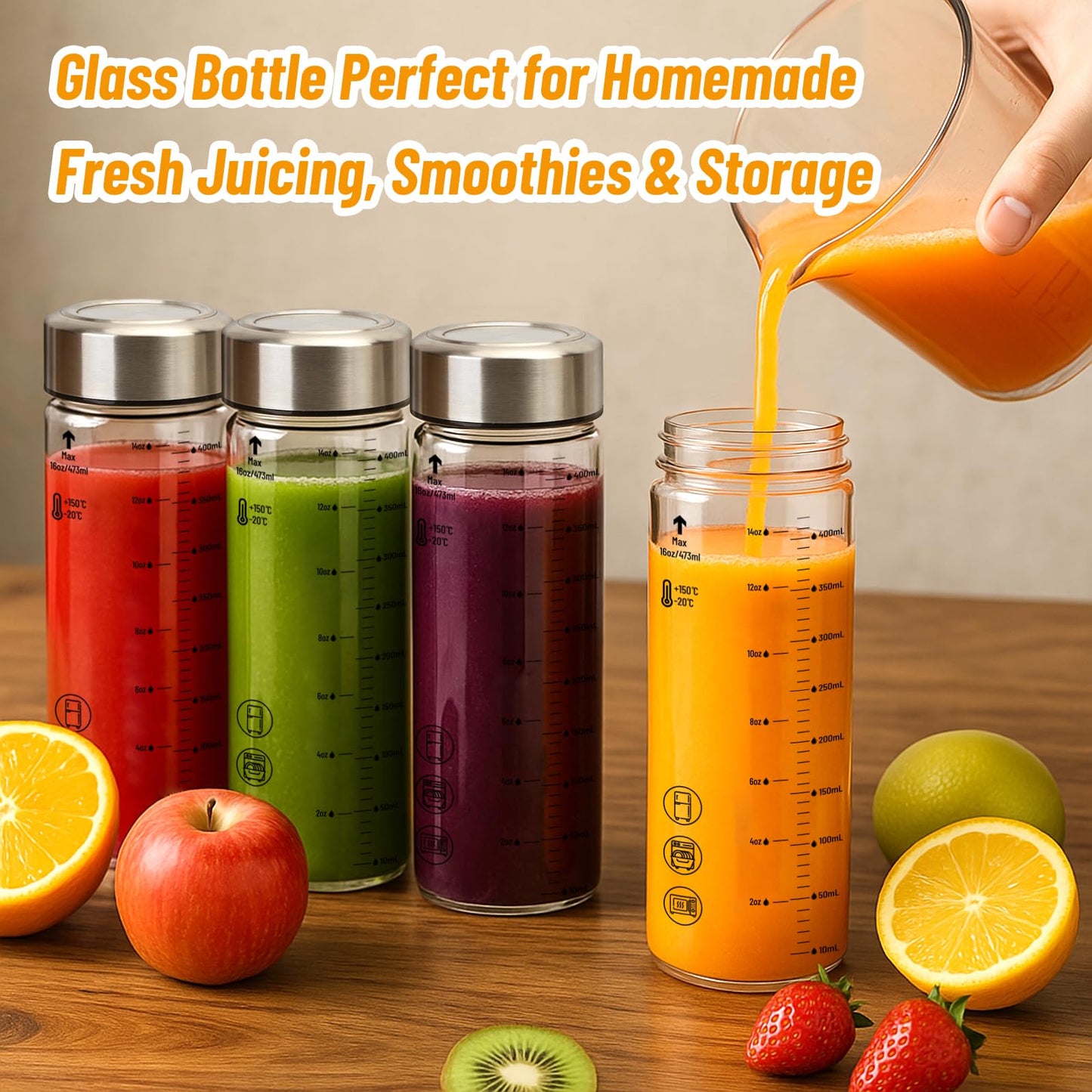 Luxfuel 12 oz Glass Juice Bottles with Lids, 4 Pack Wide Mouth Borosilicate Glass Bottles with Stainless Steel Lids, Heat-Resistant, Leakproof & Reusable for Juicing, Smoothies, Milk, Water, BPA-Free