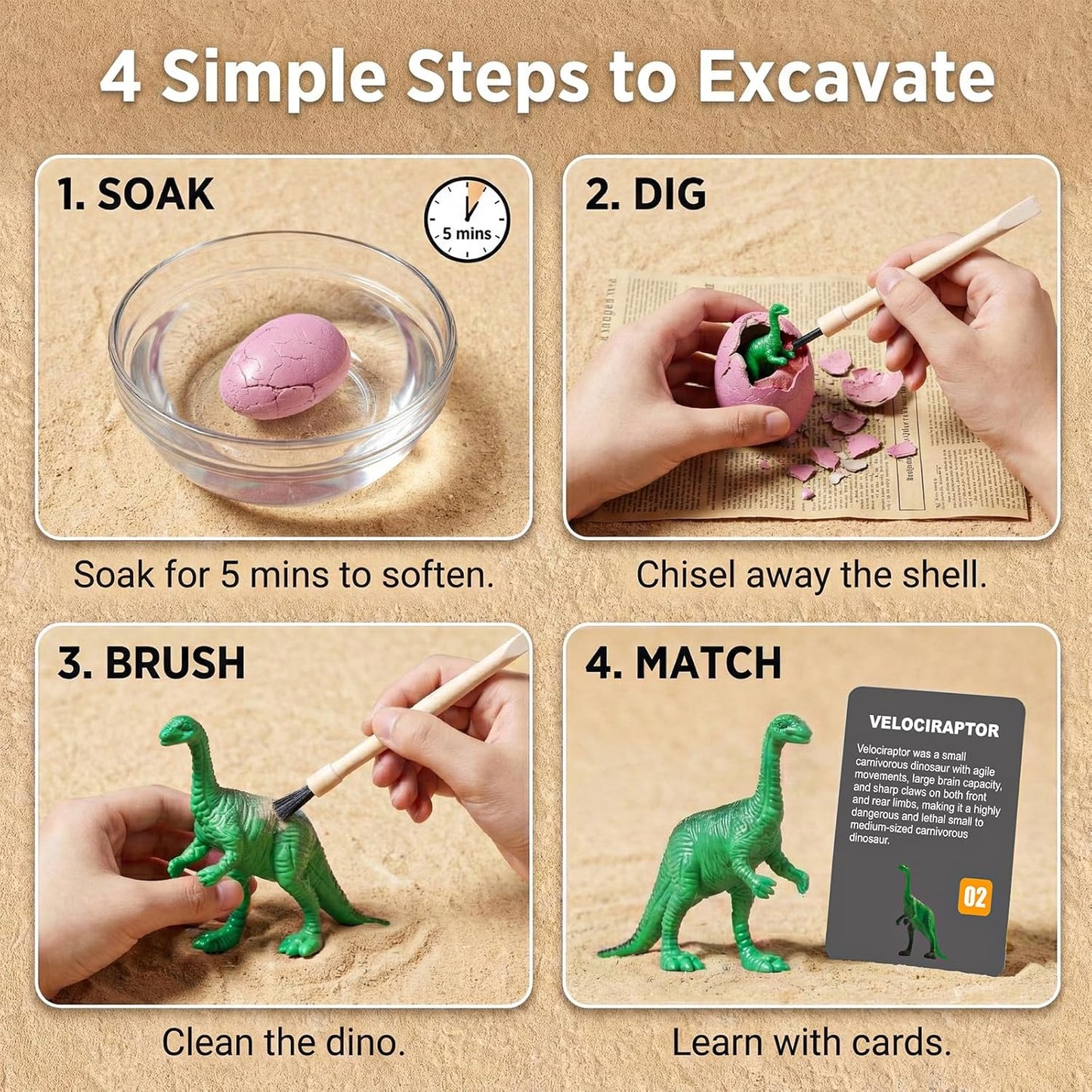 Skiennix Colorful Dinosaur Eggs Excavation Kit - STEM Learning Toy with Cards | 24 Pack for Kids Age 3+