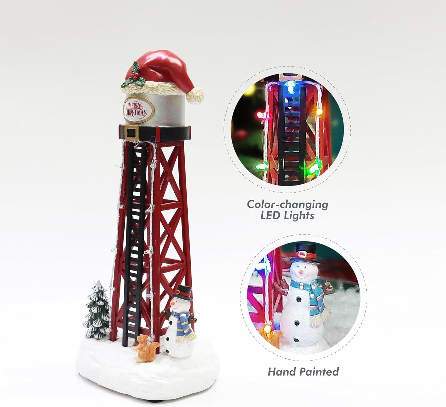 Moments In Time Water Tower Christmas Village - 12” LED Holiday Tabletop Decor with Santa Hat & Snowman