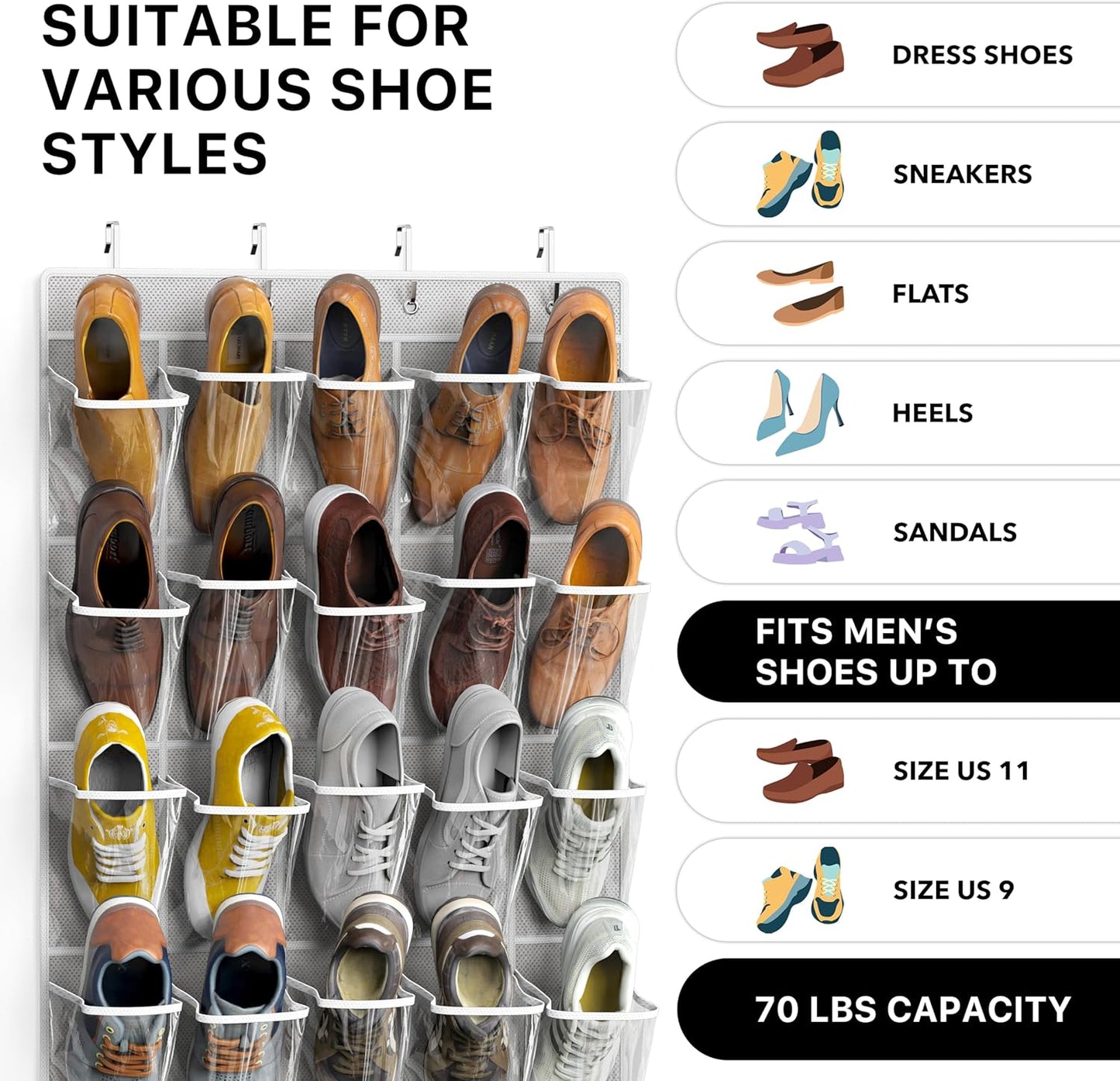 Simple Houseware Over The Door Shoe Organizer - 40 Large Clear Pockets, Gray (75.4" x 27.25")