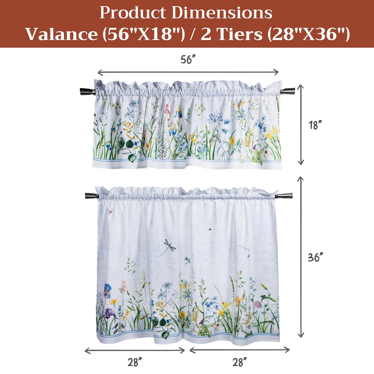Maison d' Hermine Kitchen Curtain Set for Windows 100% Cotton Set of Kitchen Curtain Valance for Home [2 Tier (28"X36") and 1 Valance (56"X18")] Café Gifts for Mothers Day (Fleurs De Mai)