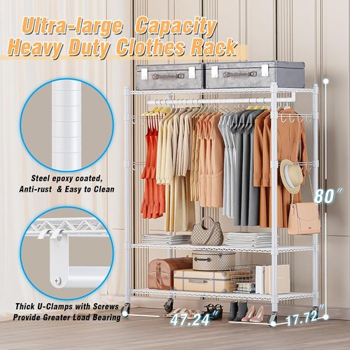 Homdox 3-Tier Garment Rack - Heavy-Duty Portable Closet with Wheels & Double Hanger Rods | White