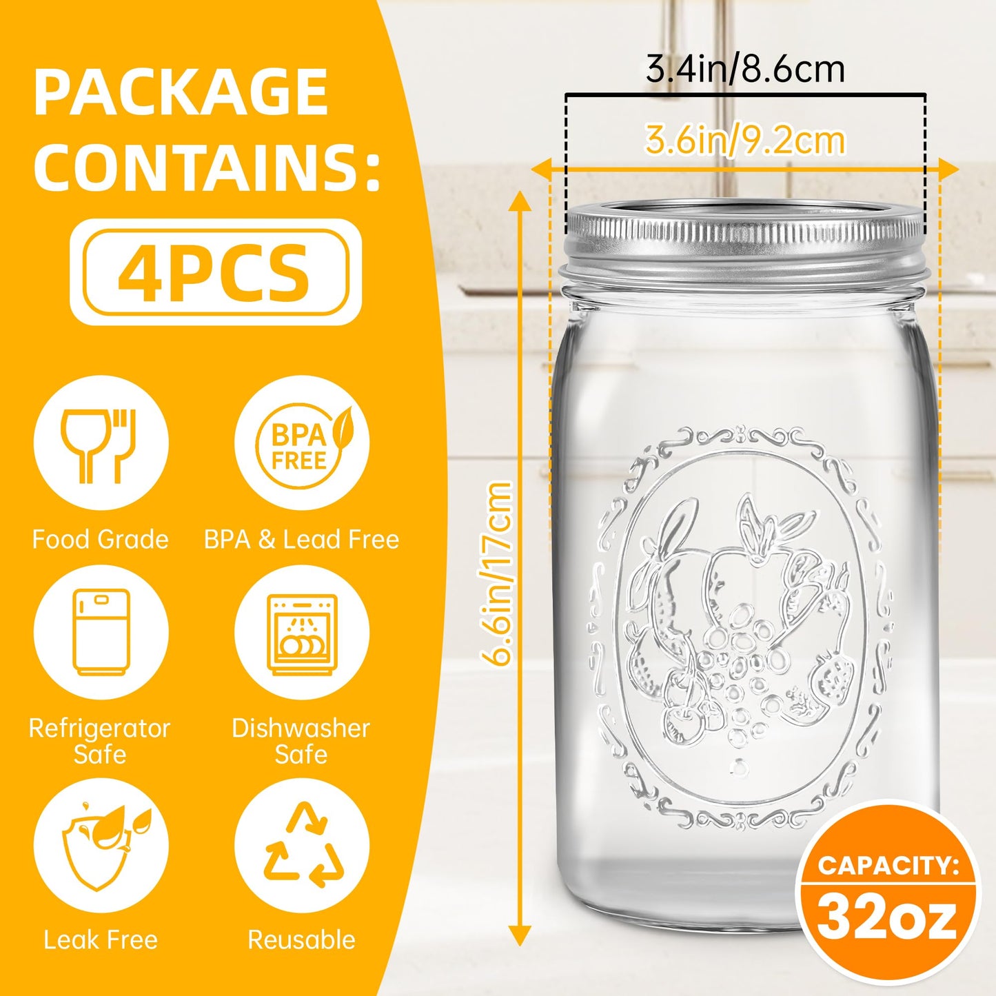 Miuyhji Wide Mouth Mason Jars 32 oz with Lids [4 Pack], Canning Jars with Metal Airtight Lids and Bands, 32 oz Glass Jars for Fermenting, Pickling, Freezing, Preserving, Meal Prep, Jar Décor