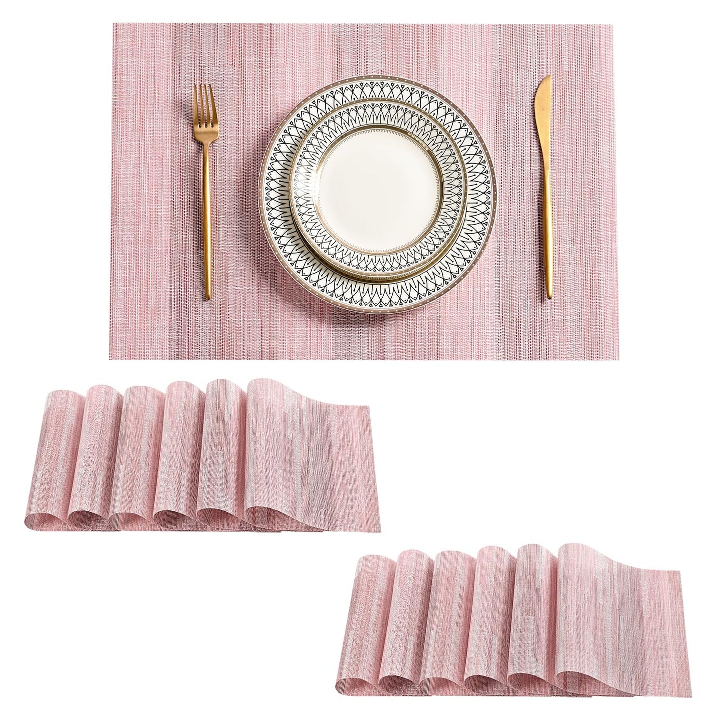 Leetaltree Misty Rose Placemats Set of 12 - Heat Resistant Non-Slip Place mats for Dining Table, Washable Durable PVC Vinyl Woven Table Mats（Misty Rose, 12）