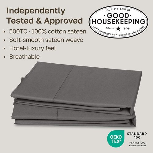 California Design Den King Pillow Cases - Soft & Silky 500 Thread Count 100% Cotton Sateen | Dark Gray, Set of 2