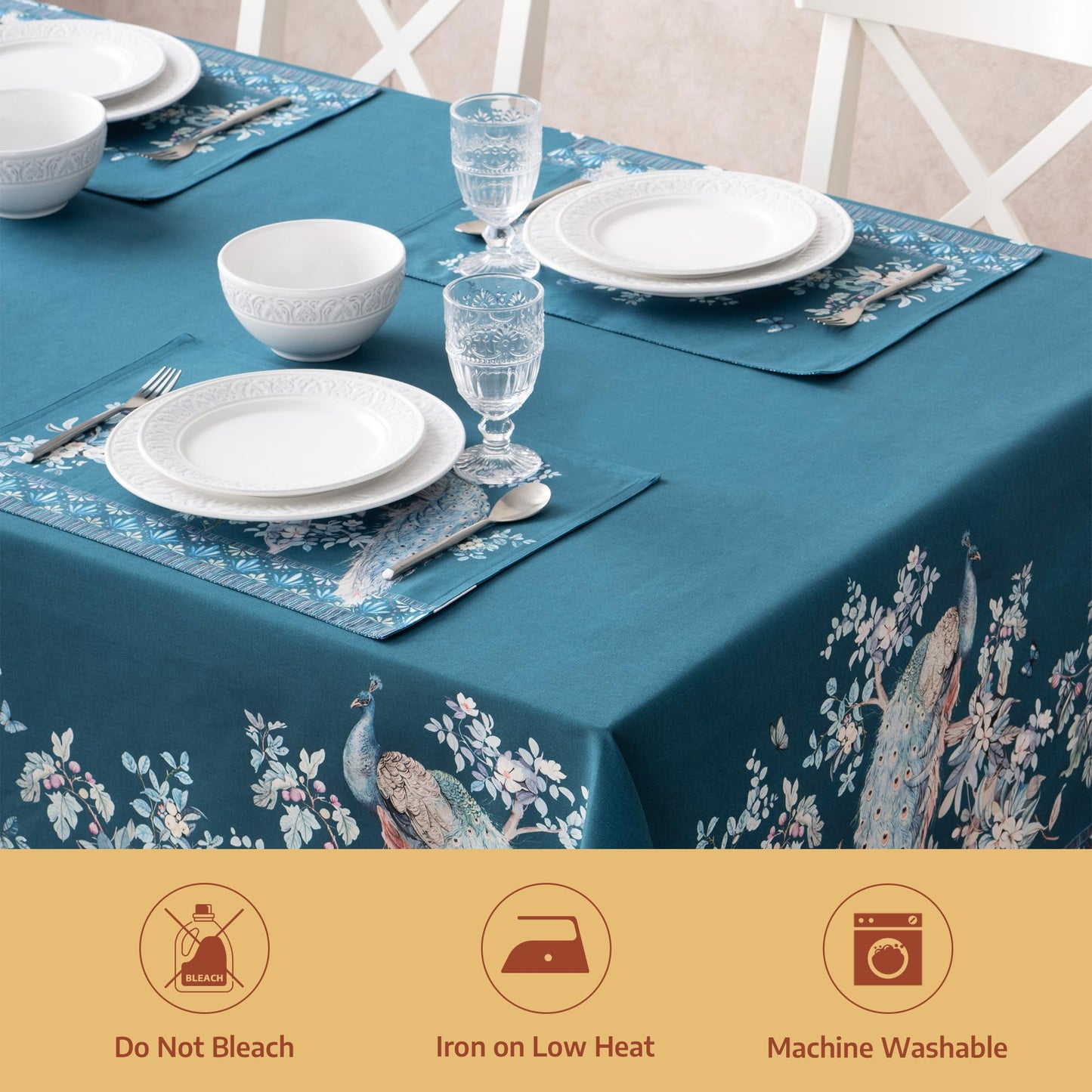 Maison d' Hermine Premium Table Cloth Rectangle Table 100% Combed Cotton 140 x 70 Inches Tablecloth Reusable Decorative for Dining Room, Farmhouse, Party, Festive & Wedding - Peacock Utopia - Deep Sea