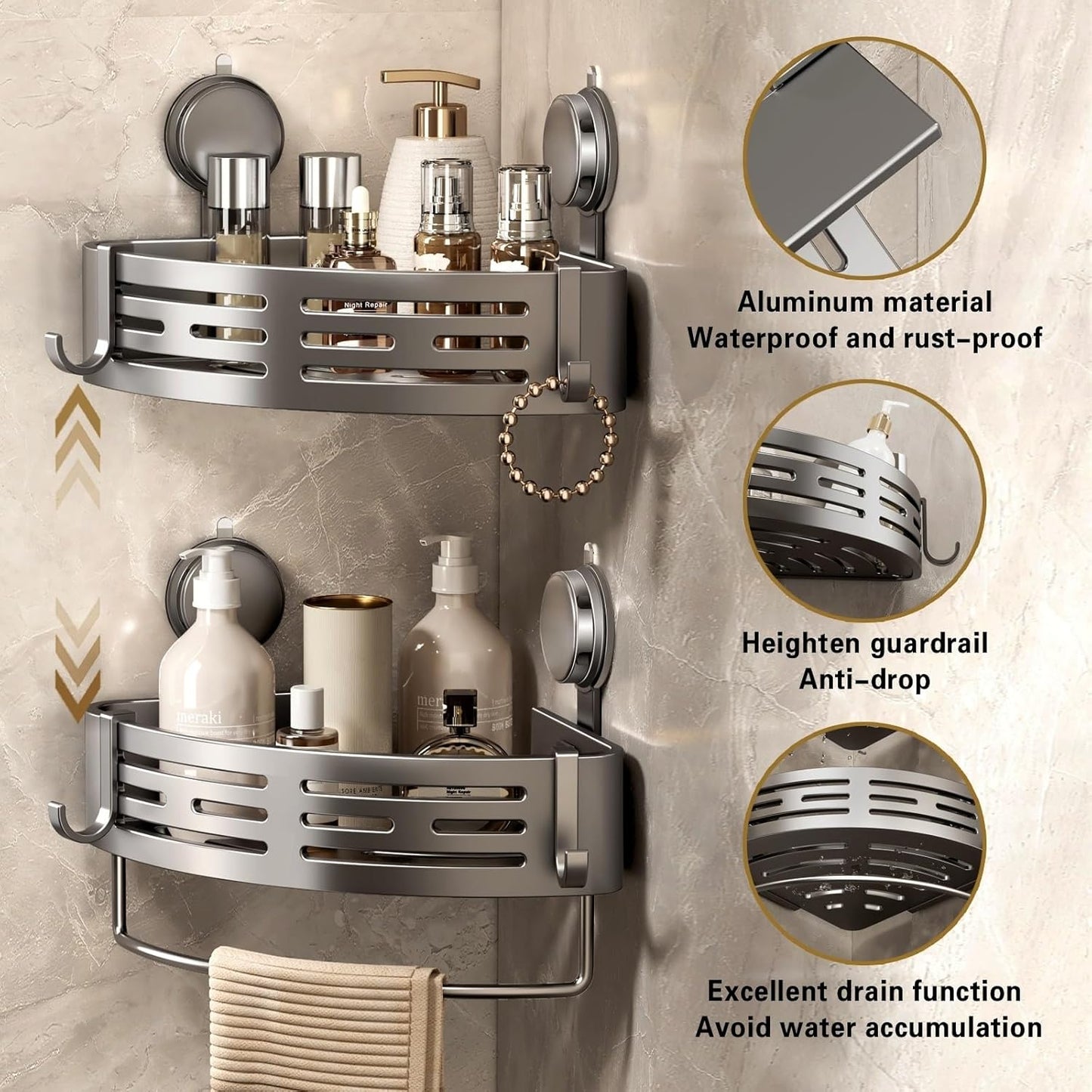 VOLPONE Shower Caddy - No Drill Corner Suction Cup Organizer | Gray Adhesive Shelf (1-Pack)