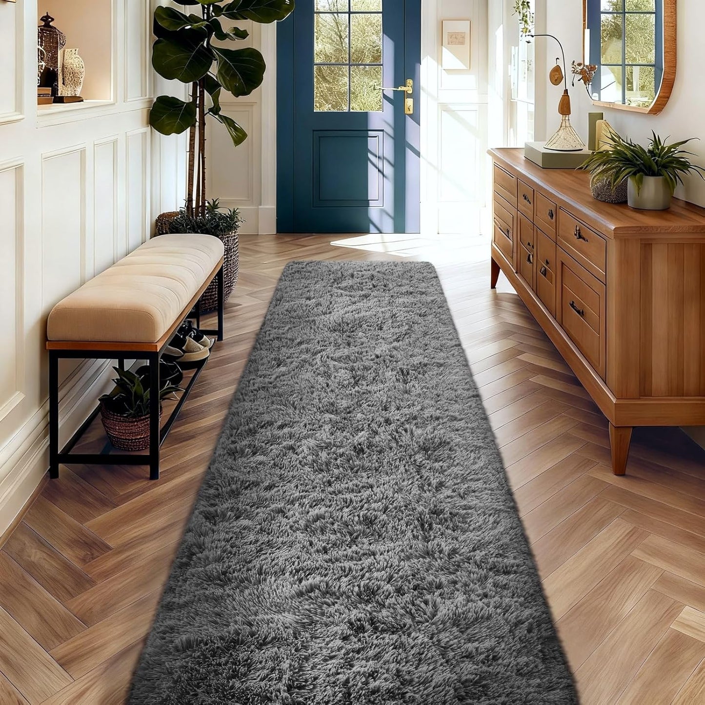 Ophanie 2x10 Non-Slip Runner Rug - Soft Fluffy Shaggy Gray Carpet for Hallway & Bedroom Decor