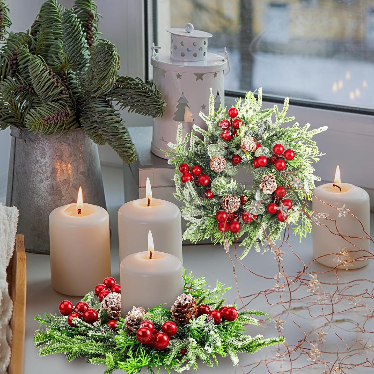 Lyrow Christmas Candle Rings - 4 Pcs Mini Wreaths with Artificial Berries & Snowy Pine | Holiday Table Decor