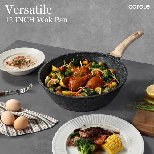 CAROTE Non-Stick Wok - 12'' Granite Stir-Fry Pan with Lid | 5.3QT Induction Cookware