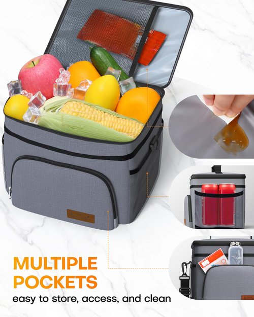HOTOR Insulated Lunch Box for Men & Women - Leak-Proof Cooler Lunch Bag with 4 Pockets, Adjustable Strap, Ideal for Work, Picnic, Travel - Medium, Light Grey,10.2"×6.9"×8.5"