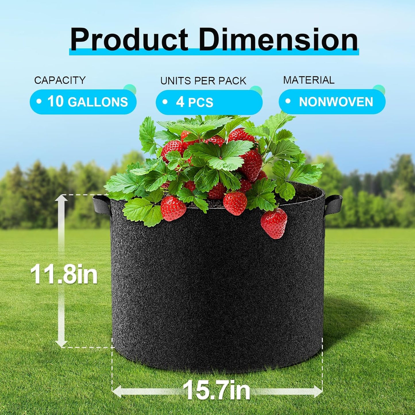 Land Guard 10 Gallon Fabric Grow Bags - 4-Pack Thickened Nonwoven Garden Pots with Handles | Black