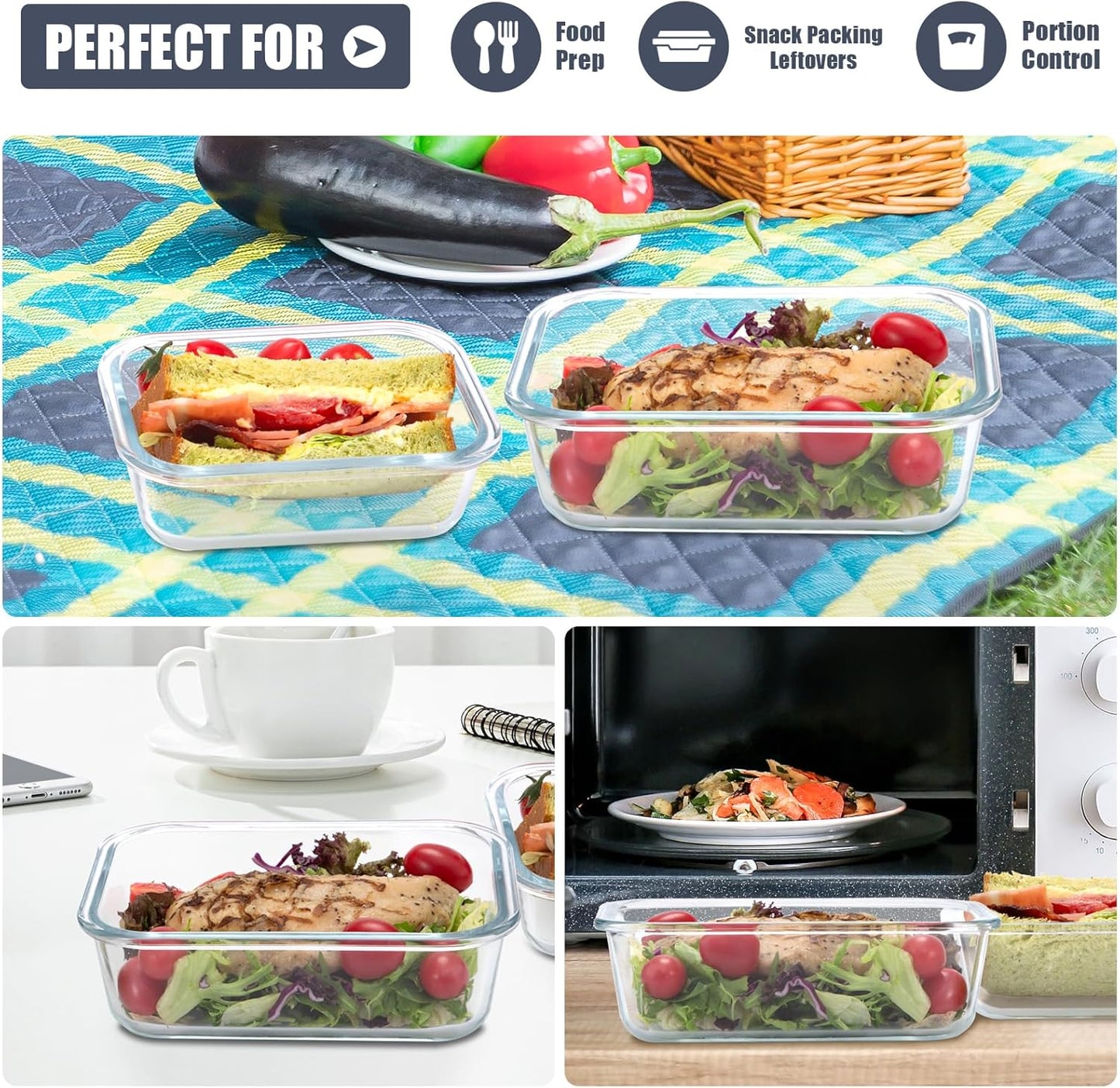 Skiennix Glass Food Storage Containers - 6 Pack Airtight Meal Prep Containers, BPA Free (Grey)
