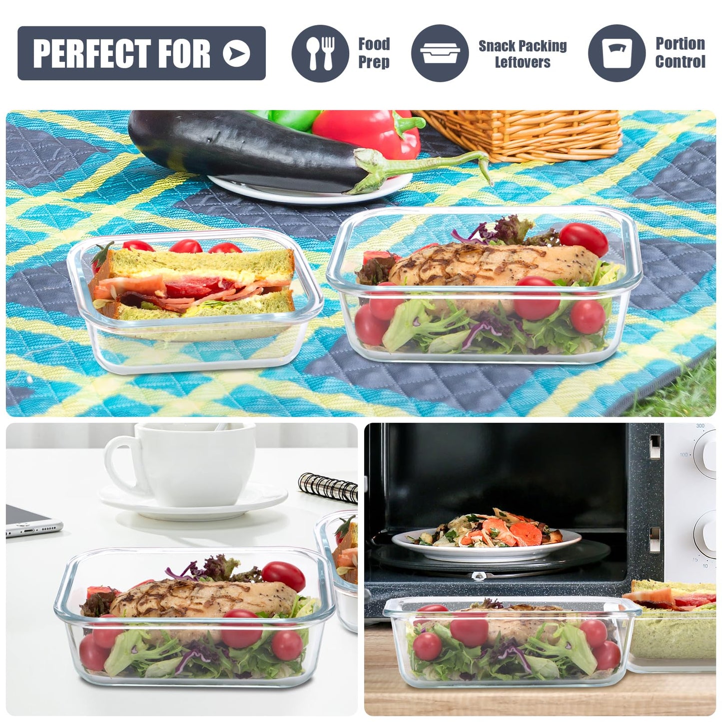 SOACOAKO 6 Pack Glass Food Storage Containers with Airtight Lids, Meal Prep Containers for Lunch, Leftovers, BPA Free (Grey)