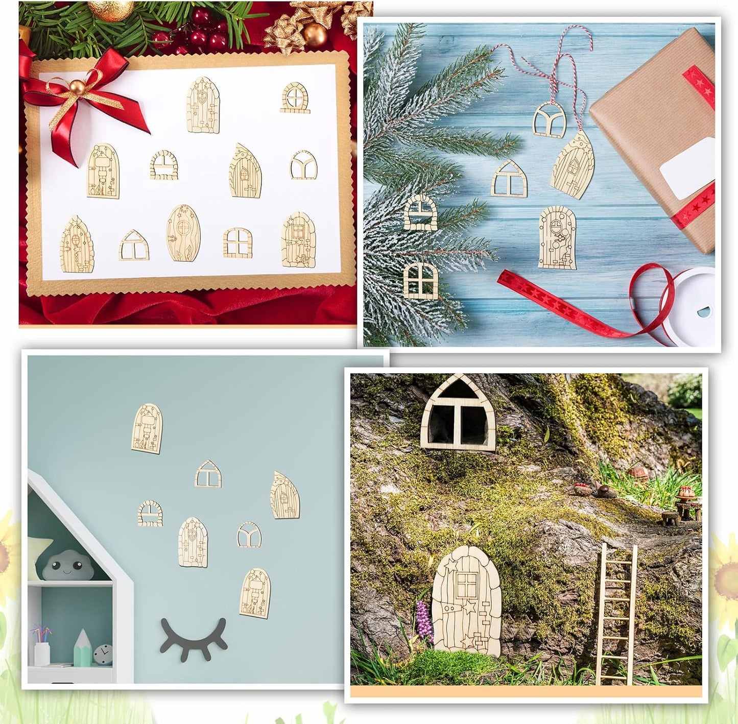 Skiennix Fairy Door Mini Wooden Garden Kit - 64 Unfinished Craft Doors & Windows for DIY Decor