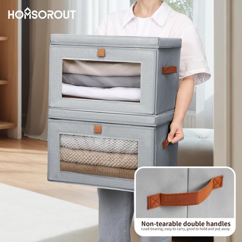 Homsorout Large Closet Storage Bins - Collapsible Fabric Organizers with Handles & Lids | 8-Pack Grey