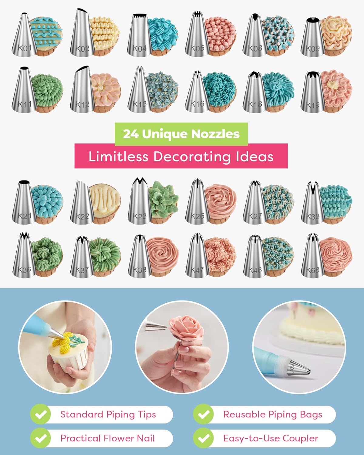 Kootek 32-Piece Cake Decorating Kit - 24 Icing Piping Tips & 2 Reusable 12-Inch Bags
