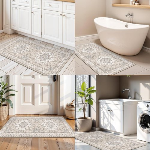 Entryway 2x4 Washable Area Rug - Oriental Stain Resistant Non-Slip Soft Floor Mat | Beige