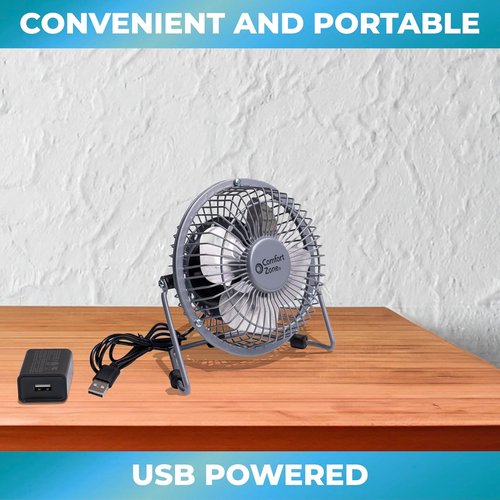 Comfort Zone Mini Desk Fan - High Velocity 4-Inch All-Metal USB Fan with 360° Adjustable Tilt & Quiet Operation | Perfect for Office, Home & Travel