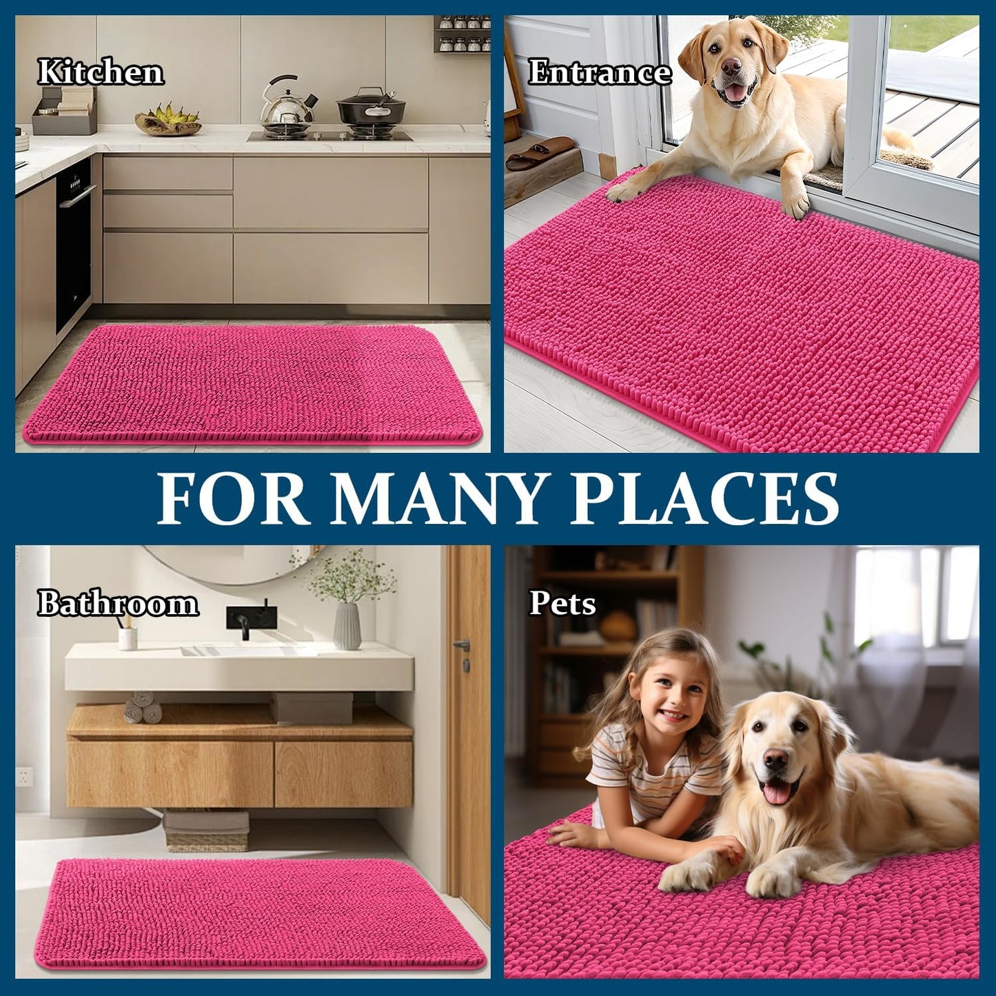 OLANLY Dog Door Mat - Absorbent Non-Slip Washable Doormat for Muddy Paws | 47x17 Hot Pink