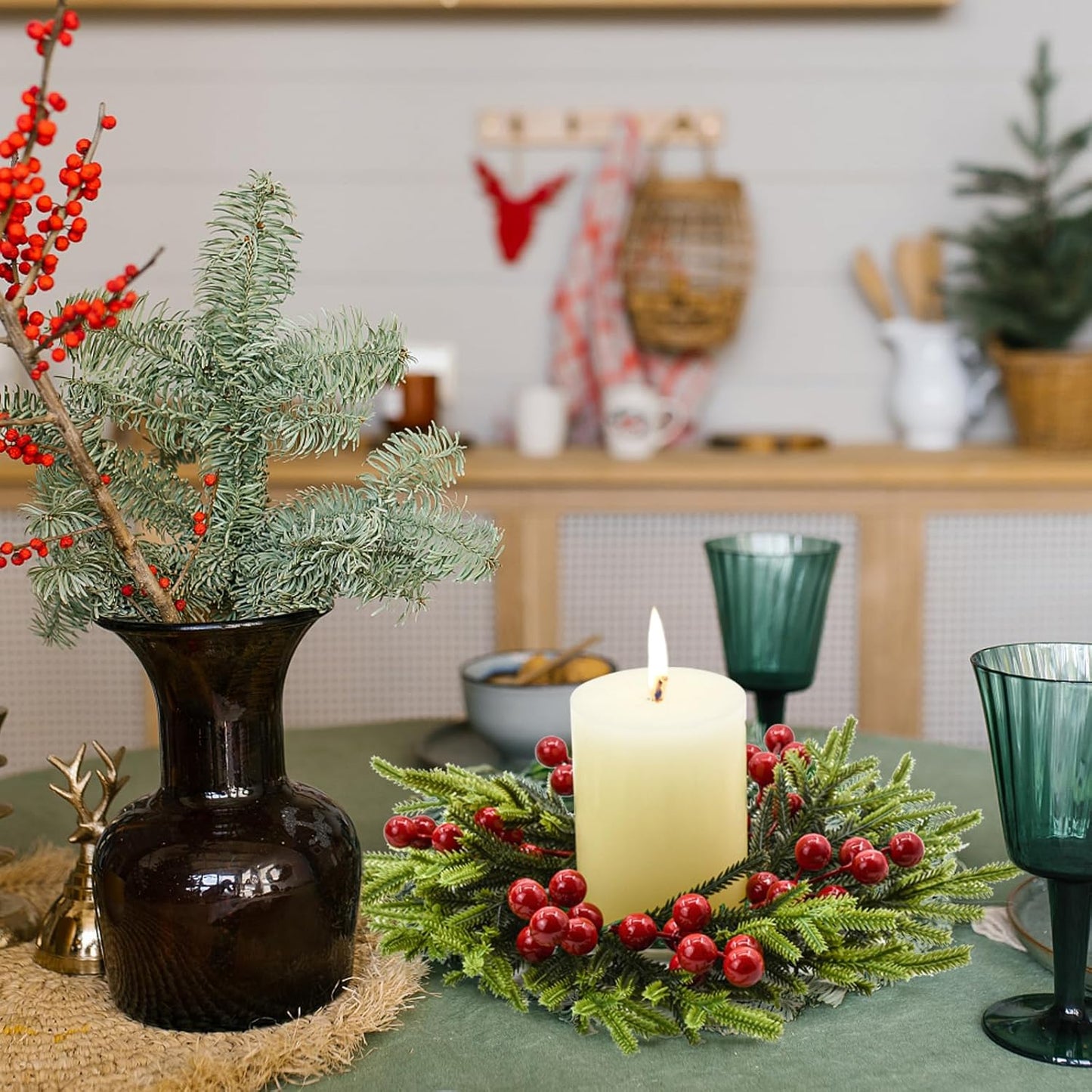 Regine Switzerland Christmas Candle Rings - Festive Red Berries & Pine Needle Wreaths | 4PCS Holiday Decor