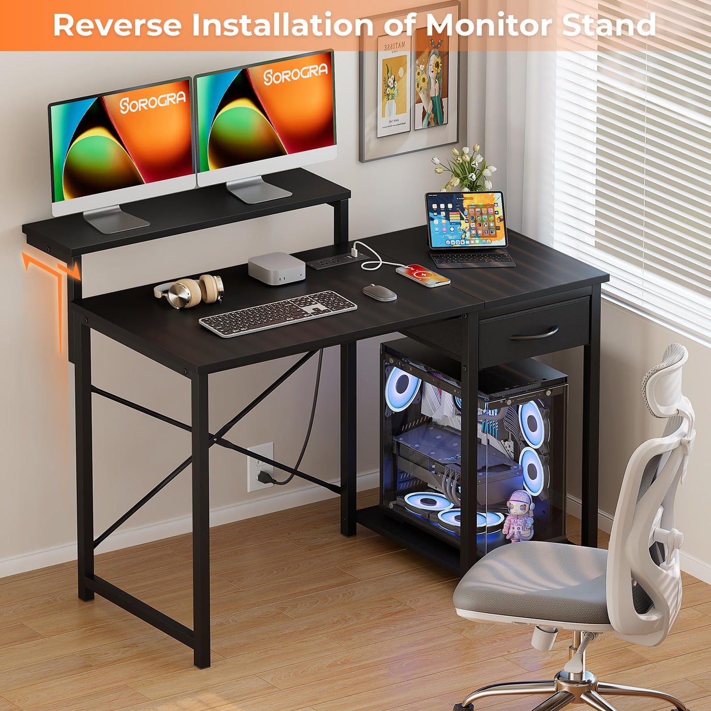 SOROGRA Computer Desk with Adjustable Monitor Stand, 47.2 in Small Desk with Reversible Storage Shelves, Office Desk with Spacious Desktop Spaces for Home Bedroom Workstation, Black