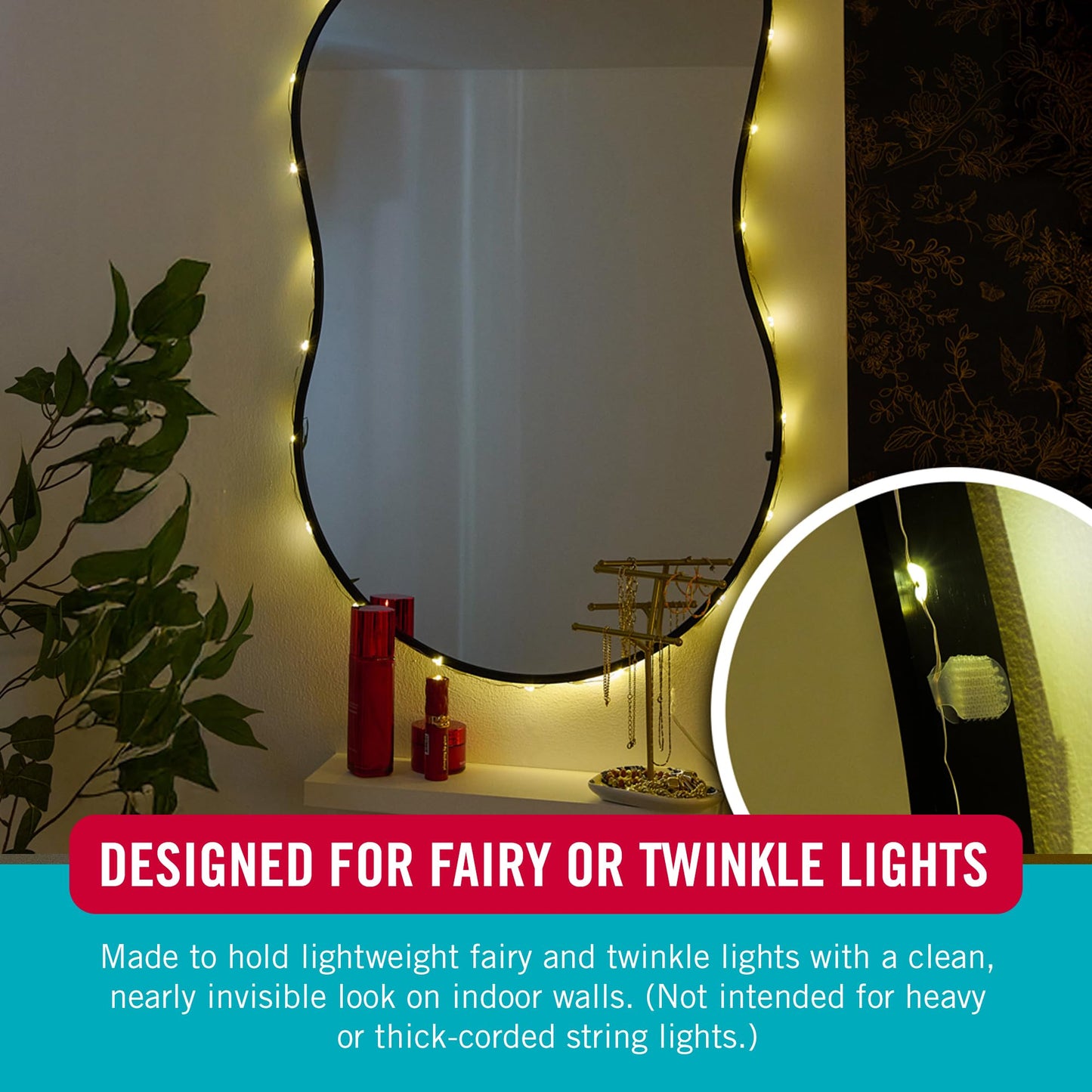 Velcro Brand Indoor Light Clips for Hanging Fairy Lights and Twinkle Lights, Adhesive Transparent Wall Clips that Blend into Your Décor, Damage‑Free and Removable, Small 48 Pack