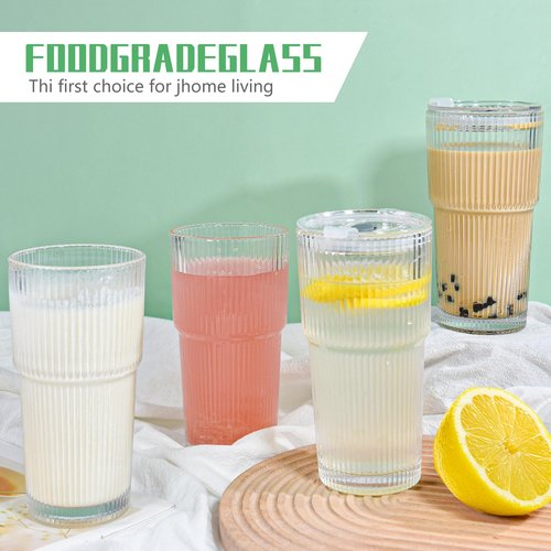 Icesip 20 oz 4 Pcs Glass Cups with Lids and Straws Ribbed Iced Coffee Glasses Tumbler Vintage Drinking Glasses Set of 4 for Tea Juice Soda Smoothie(Ribbed A*4 with Lid)