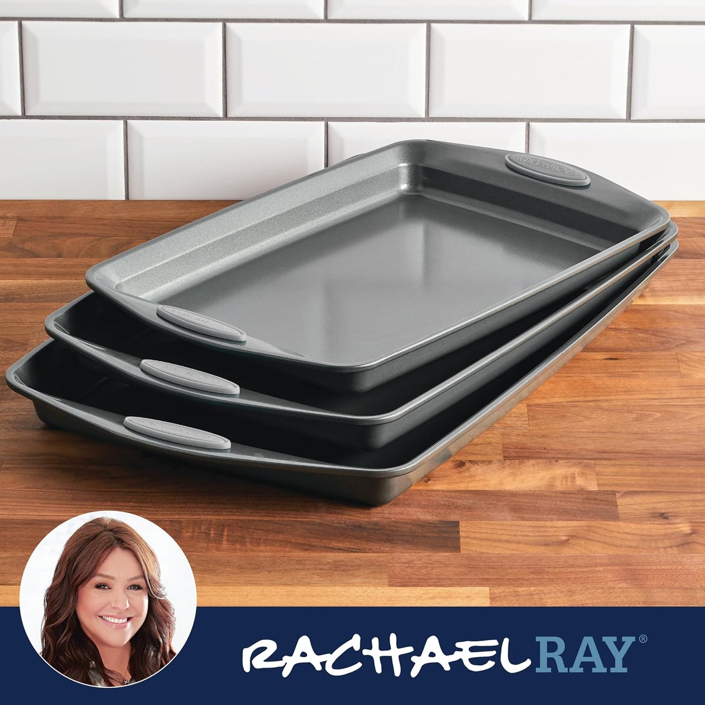 Rachael Ray Nonstick Bakeware Set - 3 Piece Cookie Sheets with Grips in Gray & Sea Salt Gray