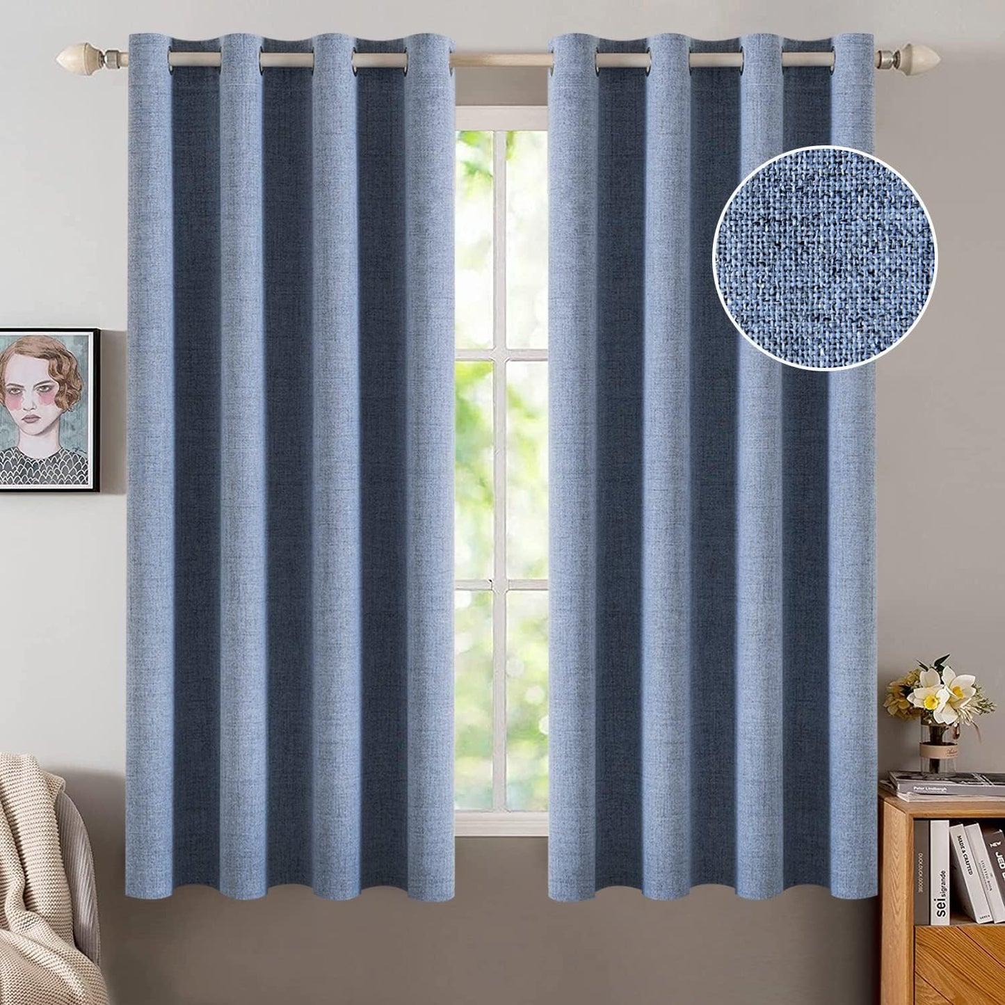 MIULEE Blackout Curtains - 100% Thermal Insulated Linen Texture - Stone Blue, 52x45 Inch (2 Panels)