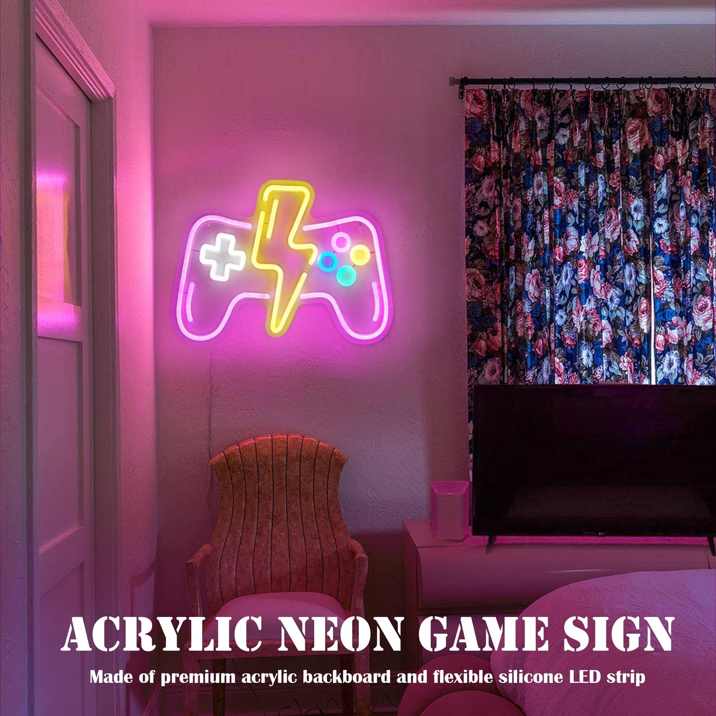 Pink LED Game Neon Sign Light for Gamer Room Decor USB Powered with Switch Gaming Accessories Acrylic Gamepad Neon Sign for Video Game Room Teen Girls Bedroom Wall Decor Gift Ideas for Gamer