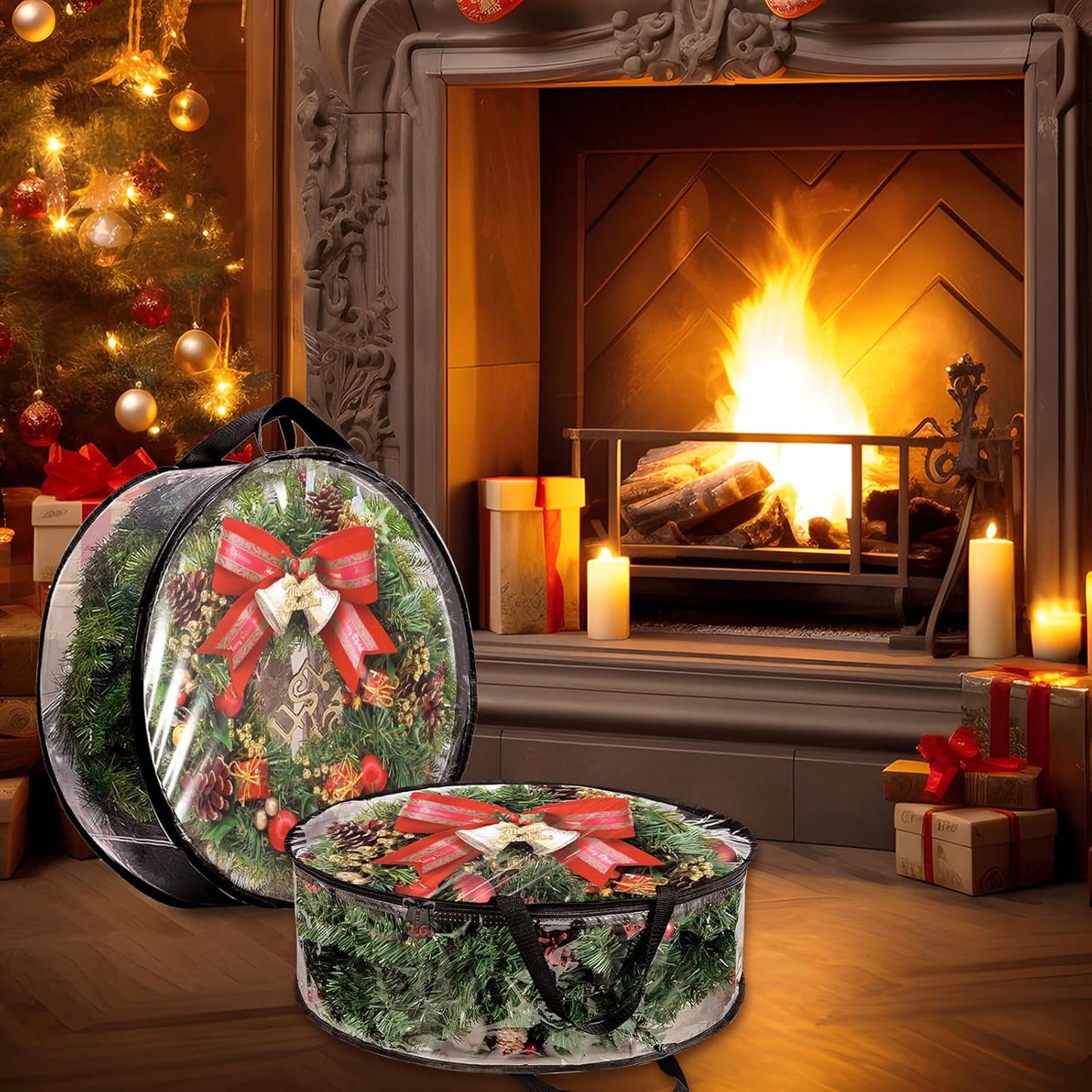 YAYODS Wreath Storage Bag - Heavy Duty 30 Inch Christmas Wreath Container with Clear Window | Black