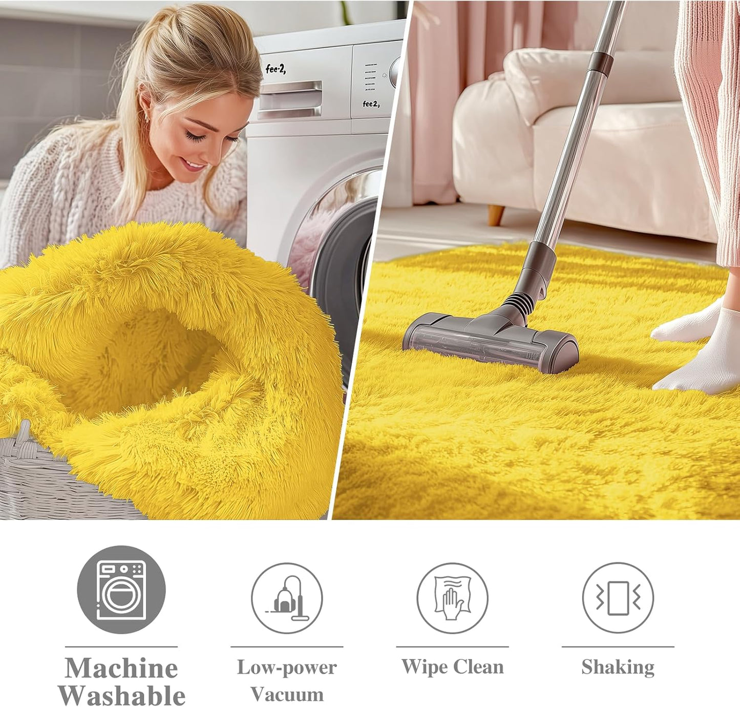 OLANLY Yellow Round Area Rug - Soft, Machine Washable 3 ft Shaggy Carpet for Bedroom & Living Room Decor