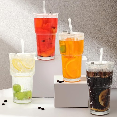 AiMQnLe 20 OZ Iced Coffee Cup With Lids and Straws,Vintage Glass Tumbler, Ribbed Glassware for Whiskey Cocktail Beer, Drinking Glasses