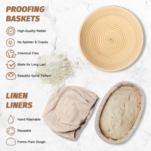 **Sourdough Proofing Basket Set - 9" Round & 10" Oval Banneton with Bread Lame, Danish Whisk & Scrapers**