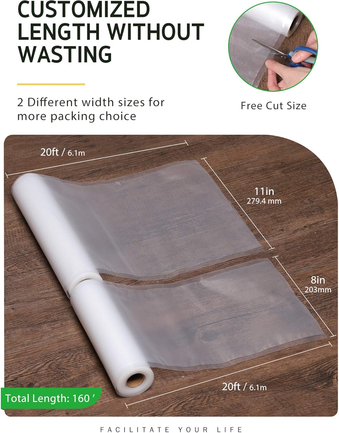 Syntus Vacuum Sealer Bags - 8 Pack of Commercial Grade BPA-Free Rolls | 11" x 20' & 8" x 20' for Food Storage